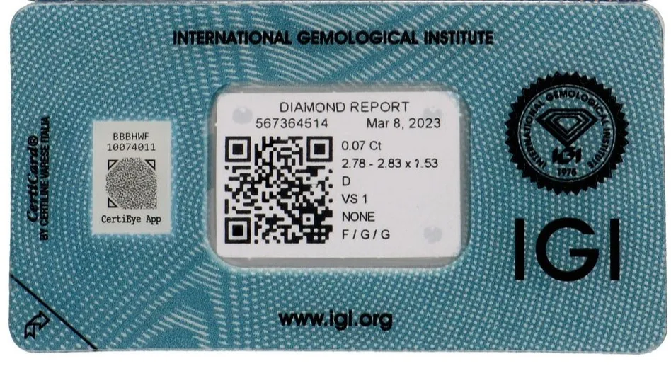 Plastic packaging IGI 1 pcs natural diamond E VS1 0.08ct