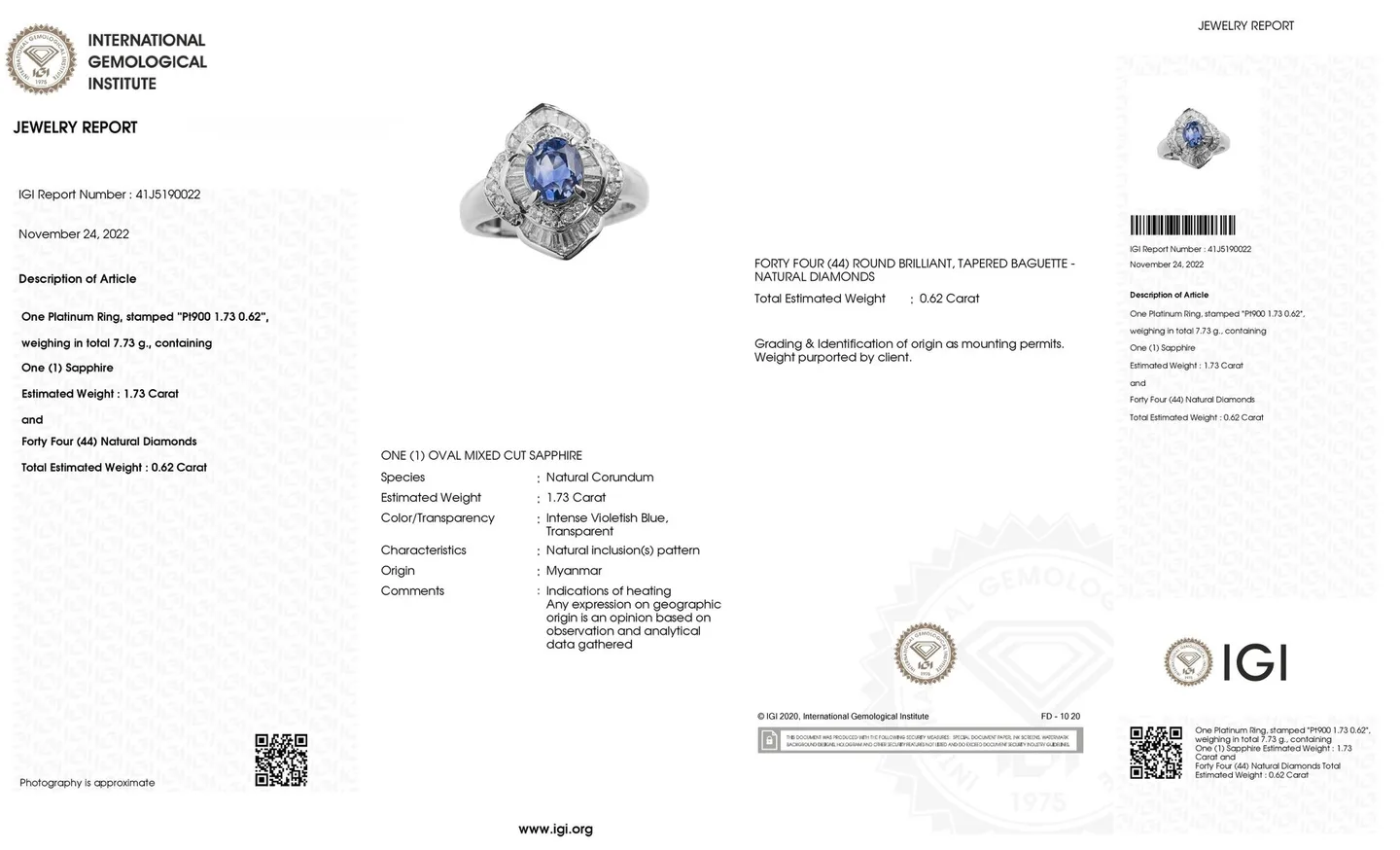 Platinum ring with substantial Barma sapphire 1,73ct and diamonds 0,62ct
