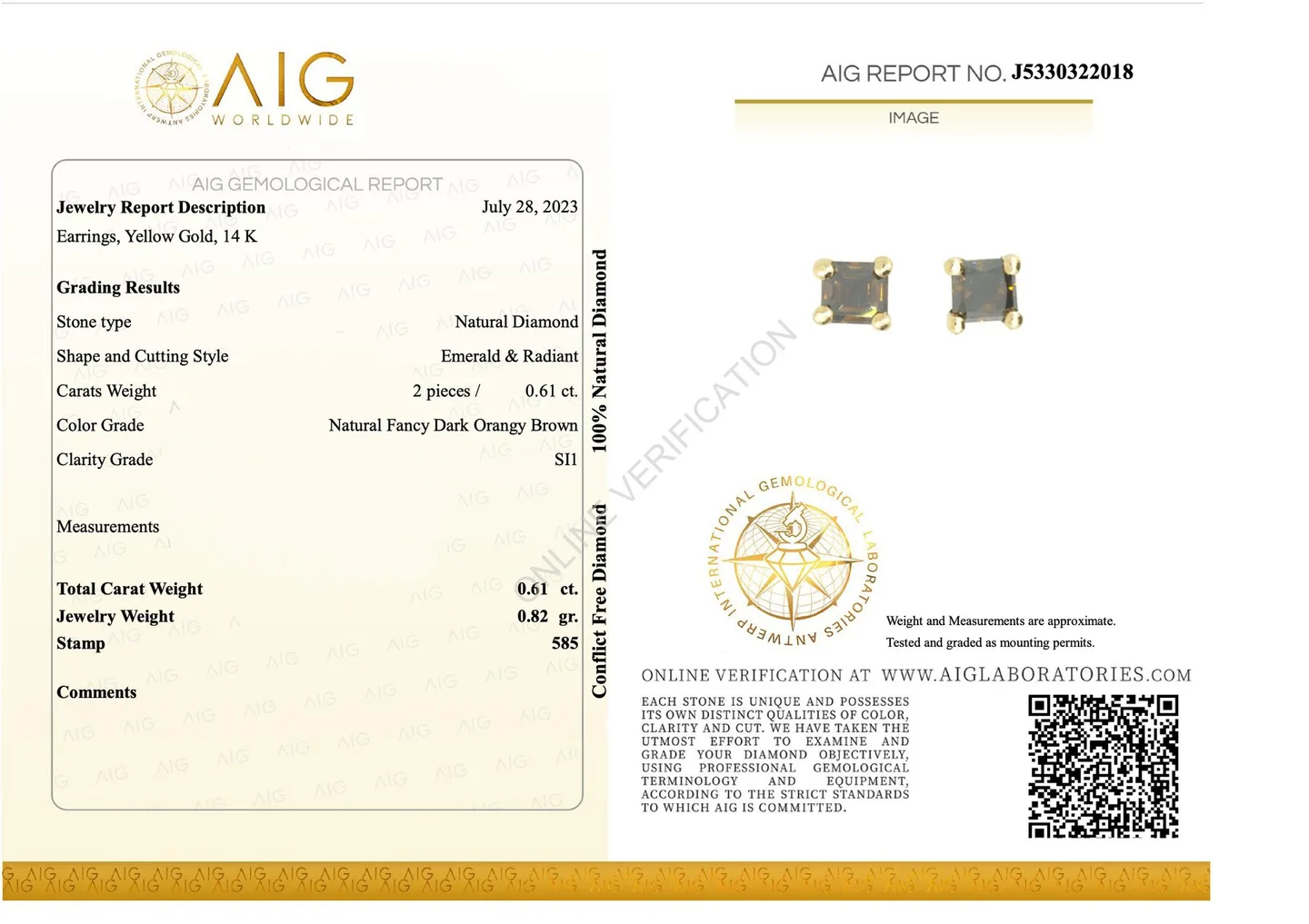 Stud earrings in 14ct yellow gold with natural Fancy Dark Orangy Brown diamonds 0,61ct