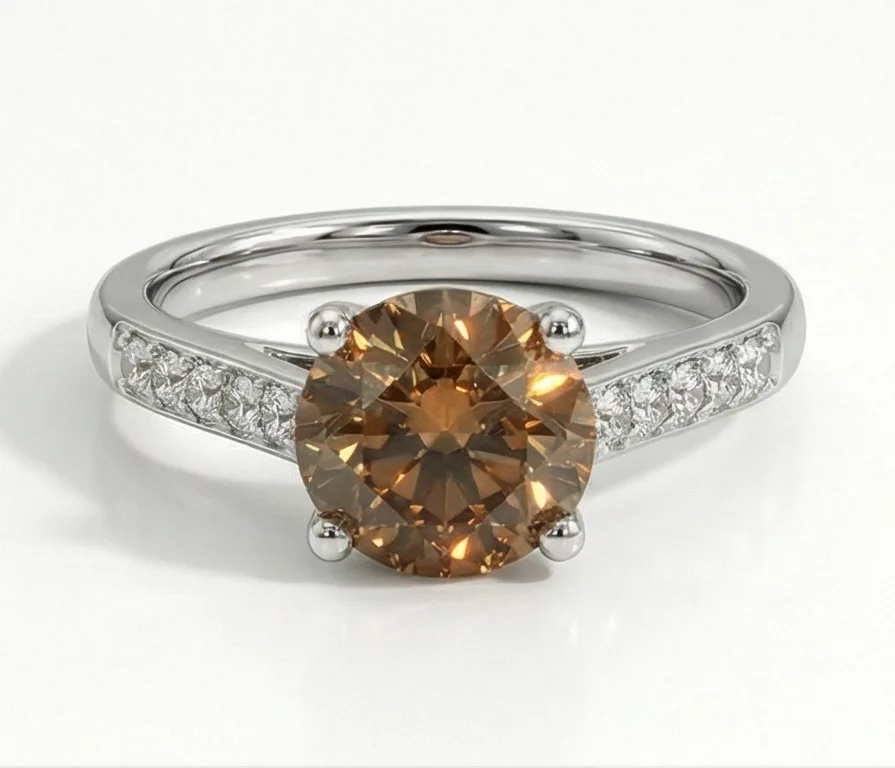 Engagement ring in 14ct white gold with natural natural Fancy Deep Yellowish Brown diamond 2,90 ct