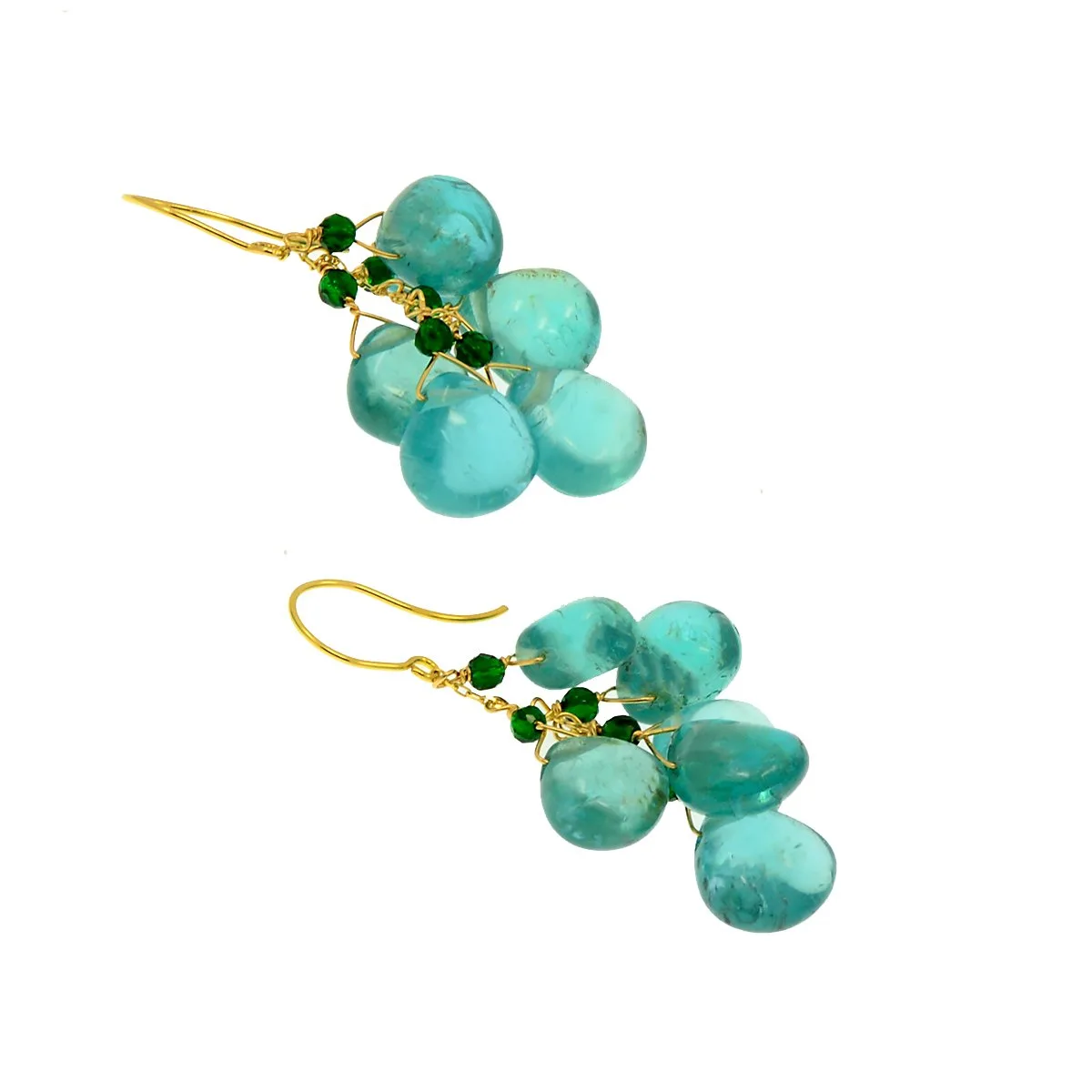 Drop earrings in 18ct yellow gold with 27 ct natural polished Apatites and natural faceted beads with Tsavori